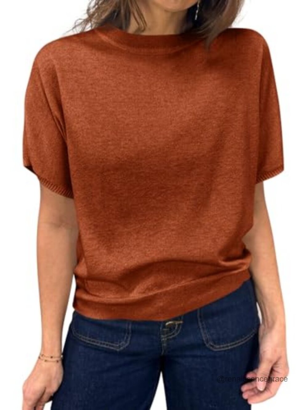 Short Sleeve Crew Neck Knit Pullover Sweater Lightweight Summer Top